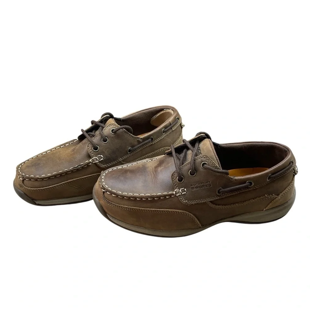 Rockport Shoes Size 9 M Brown Leather Lace Up Moc Toe Slip Resistant Works